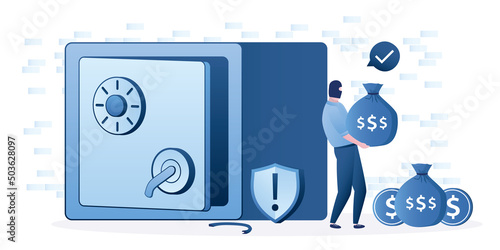 Masked robber take money out of well-protected bank. Bandit robbed banking safe. Hacker picked up keys and passwords to banking system or user account. Crime, illegal activities.
