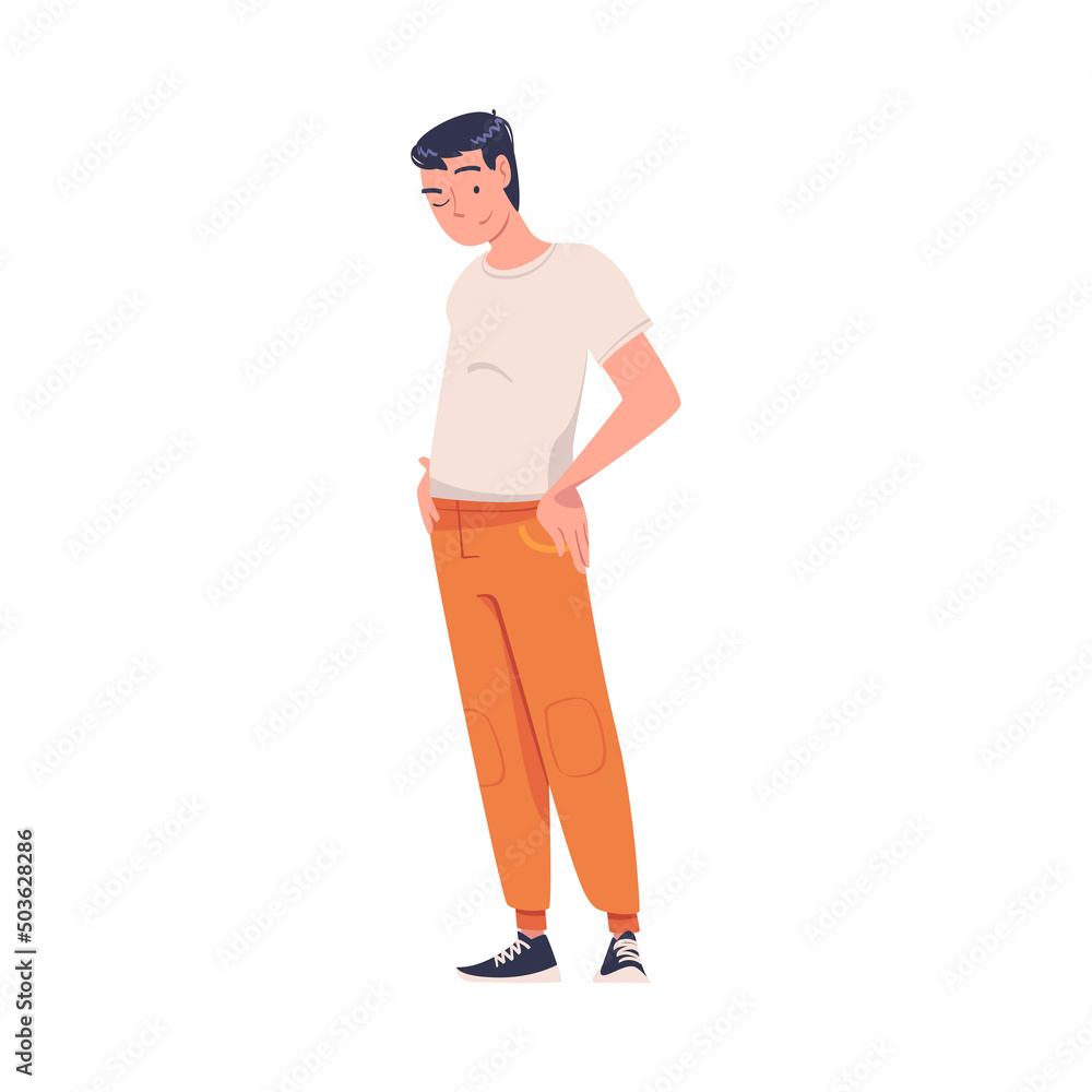 Young Smiling Man Standing with Hands on Hips and Winking Vector Illustration Young Smiling Man Standing with Hands on Hips and Winking Vector Illustration