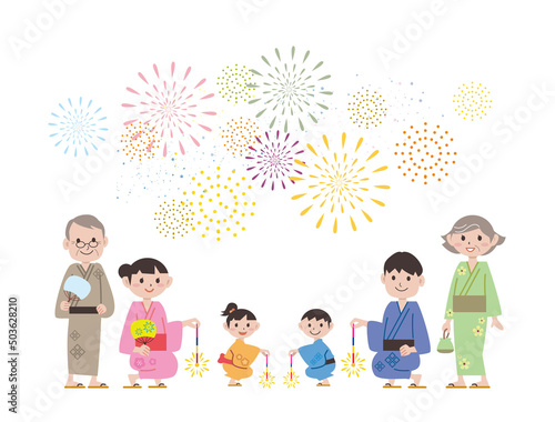 夏祭り　花火大会　家族