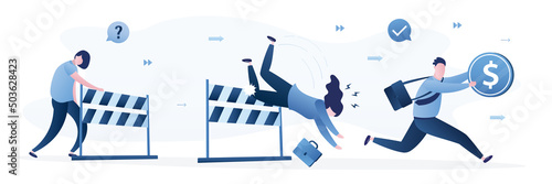 Business competition. Confident male manager with earnings overcame business obstacle. Businesswoman loser fail to jump over hurdle and falling to ground. Problems, underperform employees.