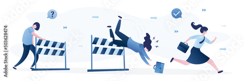 Business competition between women employees. Confident winner manager overcame business obstacle. Businesswoman loser fail to jump over hurdle and falling to ground.