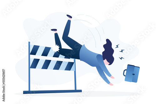 Problems, underperform female employee. Business failure, mistake or cannot overcome difficulty or obstacle. Frustrated loser businesswoman fail to jump over hurdle and falling to ground.