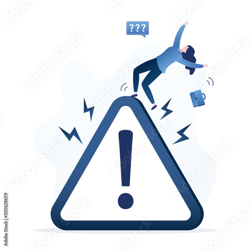 Businesswoman slip and falling from triangle sign with exclamation mark, beware. Mistake caution, business risk or problem warning. Failure prevention or avoid danger concept.