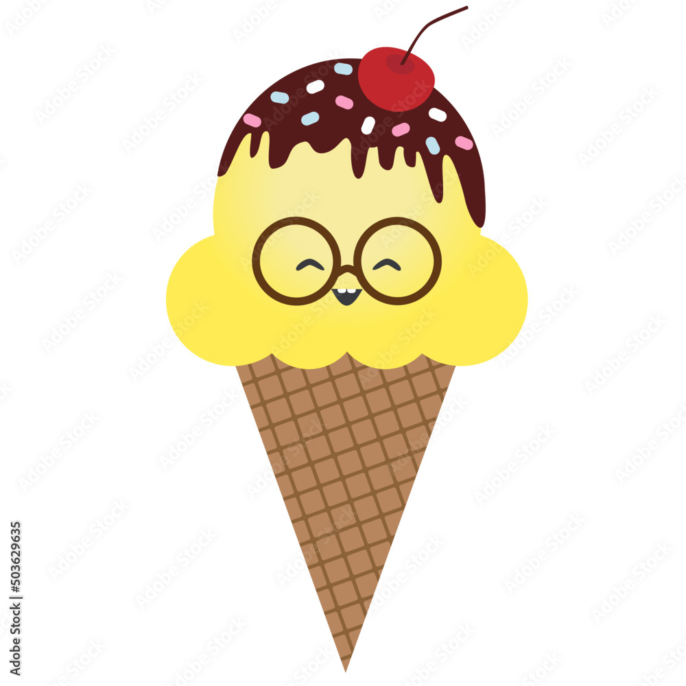 Vector illustration of ice cream cone in cartoon style in glasses with smiling face. Vector comic character Vector illustration of ice cream cone in cartoon style in glasses with smiling face. Vector comic character