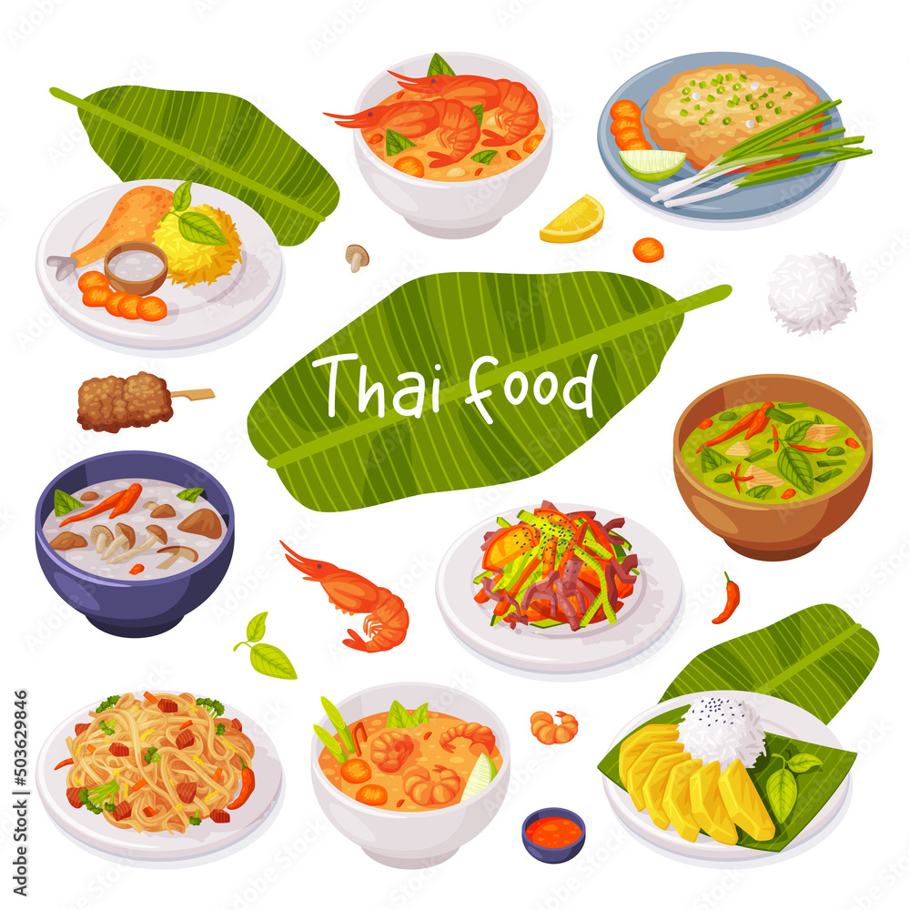 Traditional Thai Food with Green Palm Leaf Served in Bowl and Plate Vector Set