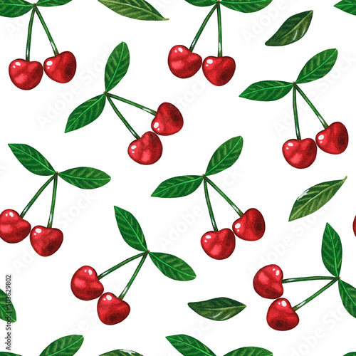 Cherry Seamless Pattern. Watercolor illustration. Isolated on a white background. For design.