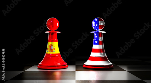 Fotografiet Spain and USA relations, chess pawns with national flags - 3D illustration