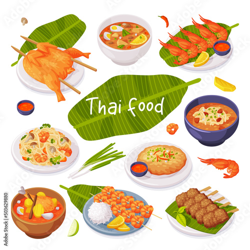 Fototapeta Naklejka Na Ścianę i Meble -  Traditional Thai Food with Green Palm Leaf Served in Bowl and Plate Vector Set