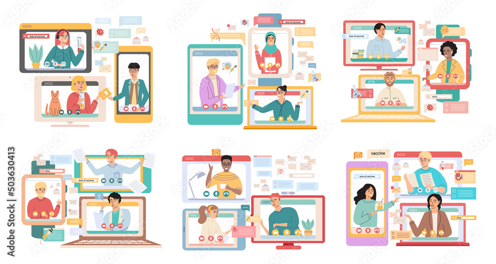 Virtual meeting, online teamwork. Desktop computer with group of colleagues taking part in video conference. Software for videoconferencing and online communication. Online skull session, webinar