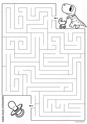 Vector black line printable maze. Format A4. Coloring book educational maze with cute cartoon mom carrying baby in stroller looking for pacifier.