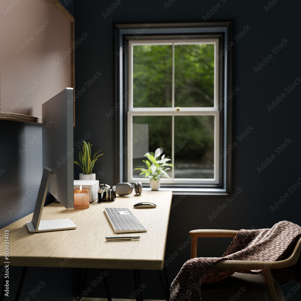Fototapeta premium Modern apartment home working space interior with pc compute