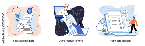 Health care program metaphor, online medical services, protection medicine. Medical insurance, hospital services, preventive check up, sick leave certificate treatment diagnosis patients, telemedicine