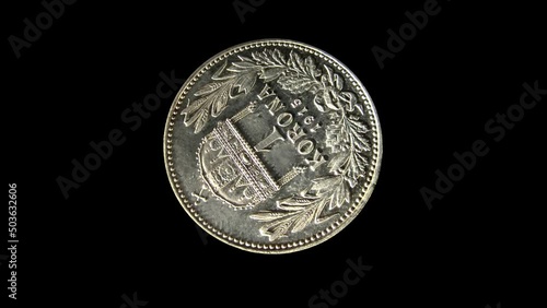 Obverse of Hungary coin 1 korona 1915. Isolated in white background. 
