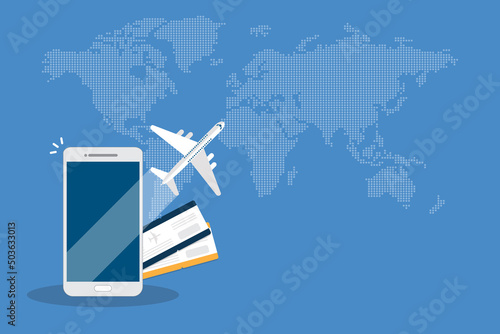 Booking online tickets .Buy or check in. Vector Illustration of online ticket, tourism and travel, vacation and journey by plane.