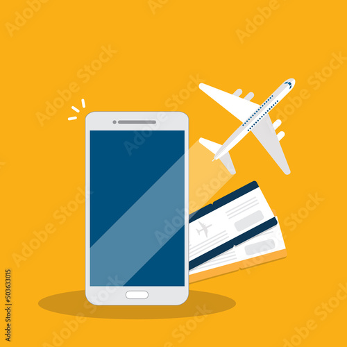 Booking online tickets .Buy or check in. Vector Illustration of online ticket, tourism and travel, vacation and journey by plane.
