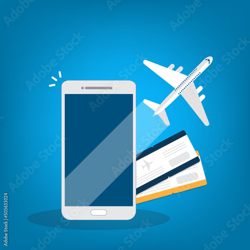Booking online tickets .Buy or check in. Vector Illustration of online ticket, tourism and travel, vacation and journey by plane.
