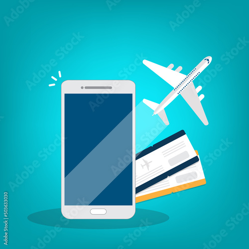 Booking online tickets .Buy or check in. Vector Illustration of online ticket, tourism and travel, vacation and journey by plane.