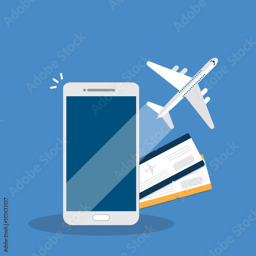 Booking online tickets .Buy or check in. Vector Illustration of online ticket, tourism and travel, vacation and journey by plane.