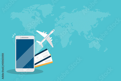 Booking online tickets .Buy or check in. Vector Illustration of online ticket, tourism and travel, vacation and journey by plane.