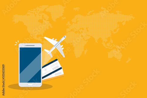 Booking online tickets .Buy or check in. Vector Illustration of online ticket, tourism and travel, vacation and journey by plane.