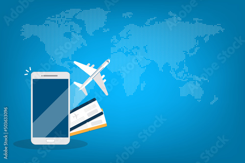 Booking online tickets .Buy or check in. Vector Illustration of online ticket, tourism and travel, vacation and journey by plane.