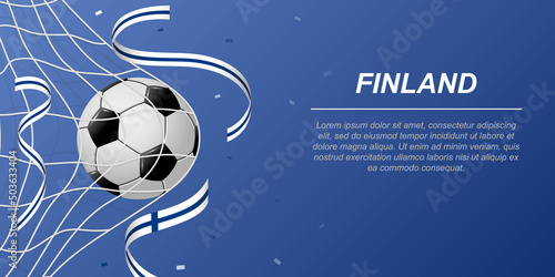 Soccer background with flying ribbons in colors of the flag of Finland