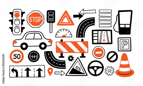 Hand drawn drive symbols set. Cars, road objects, traffic sign and automobile symbols in doodle style. Vector illustration isolated for driving school, car shops, auto parts store, service centers.