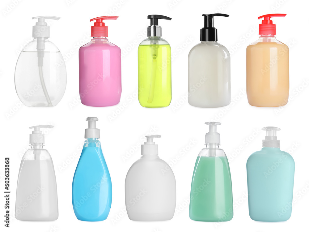 Set with different bottles of liquid soap on white background Set with different bottles of liquid soap on white background