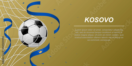 Soccer background with flying ribbons in colors of the flag of Kosovo