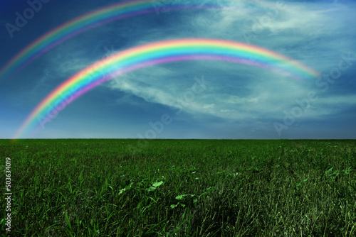 Picturesque view of green meadow and beautiful rainbows in blue sky on sunny day