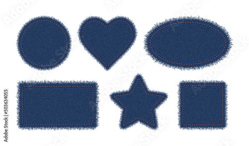 Denim circle, heart, rectangle, ellipse and star shapes with stitches. Torn jean patches with seam. Vector realistic illustration on white background. photo