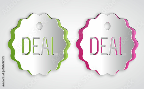 Paper cut Deal icon isolated on grey background. Paper art style. Vector