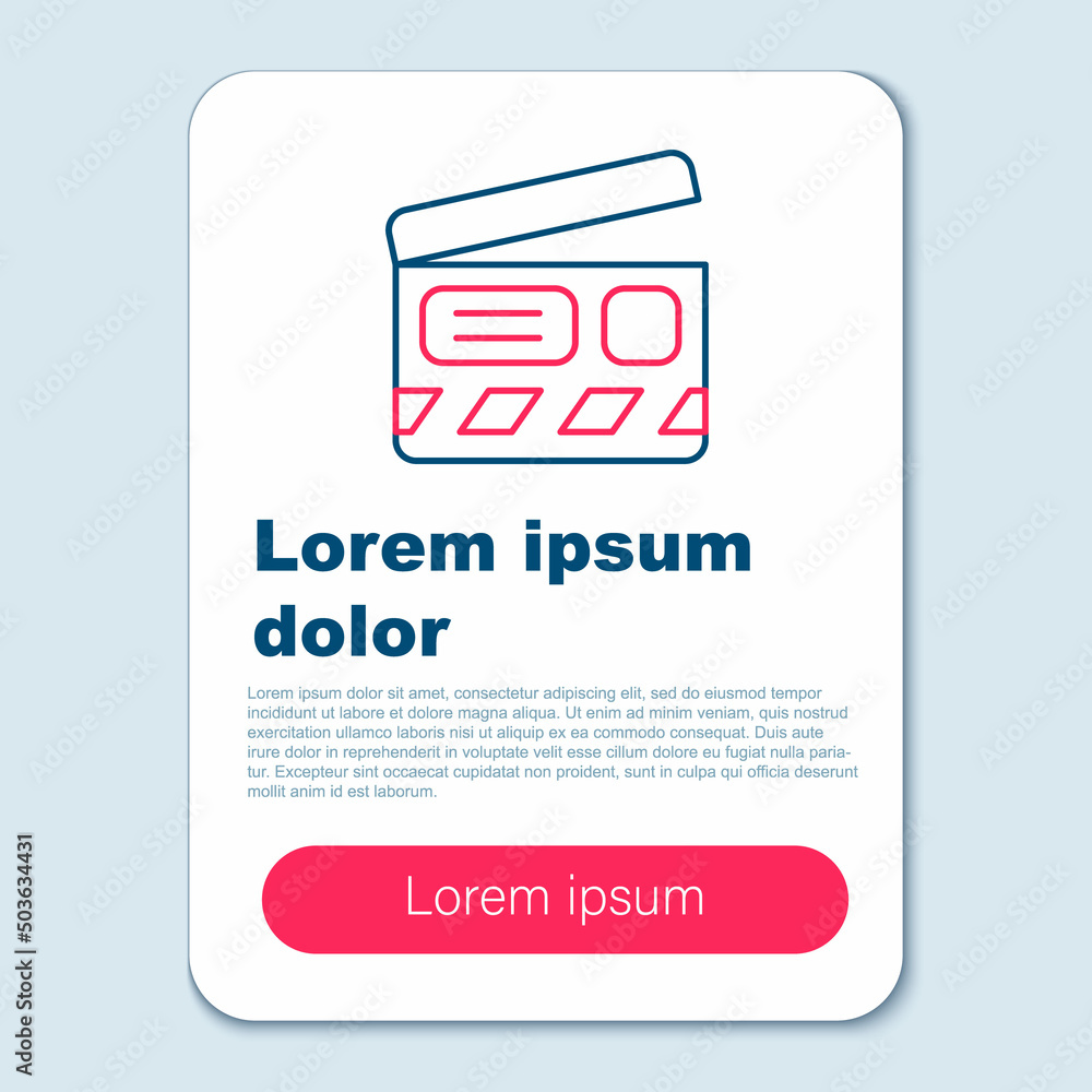 Fototapeta premium Line Movie clapper icon isolated on grey background. Film clapper board. Clapperboard sign. Cinema production or media industry. Colorful outline concept. Vector