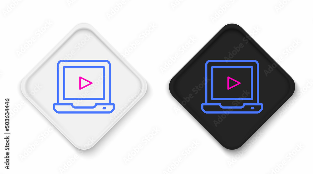 Line Online play video icon isolated on white background. Laptop and film strip with play sign. Colorful outline concept. Vector Line Online play video icon isolated on white background. Laptop and film strip with play sign. Colorful outline concept. Vector