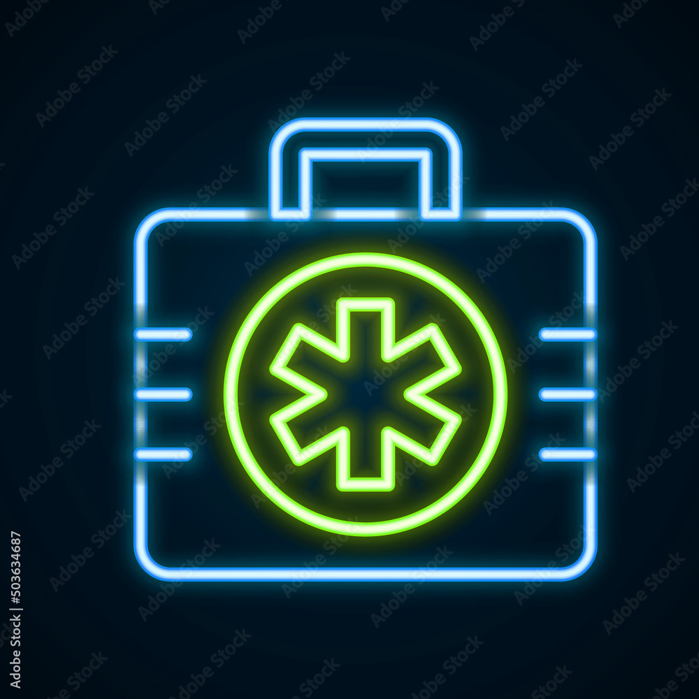 Glowing neon line First aid kit icon isolated on black background. Medical box with cross. Medical equipment for emergency. Healthcare concept. Colorful outline concept. Vector Glowing neon line First aid kit icon isolated on black background. Medical box with cross. Medical equipment for emergency. Healthcare concept. Colorful outline concept. Vector
