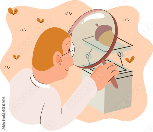 Scientist examining plant species using magnifying glass. Eco friendly technology, research on environmental protection. Ecologist conduct research in biological laboratory, take care of nature