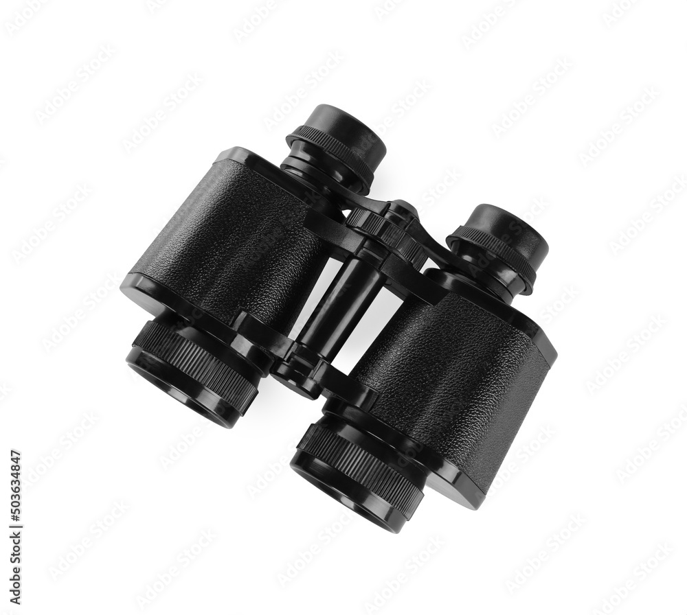 Modern binoculars isolated on white, top view Modern binoculars isolated on white, top view