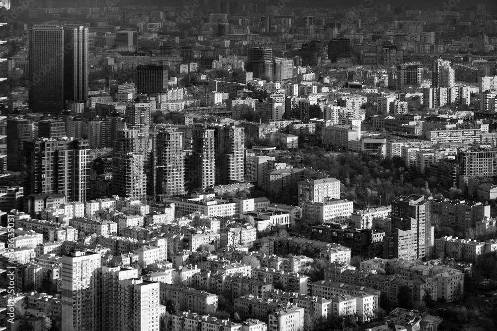 Black and white drone view of metropolis