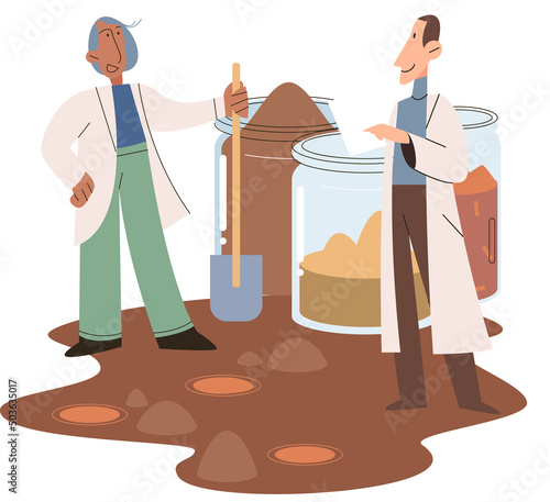 Soil analysis and earth pollution metaphor or structure control. Nutrients microorganism composition research ground layer structure sample. Soil laboratory test. Scientist measuring levels status