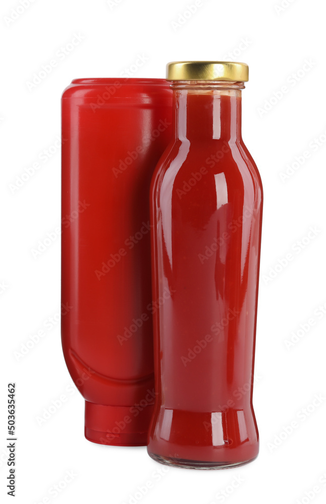 Different bottles of ketchup on white background Different bottles of ketchup on white background