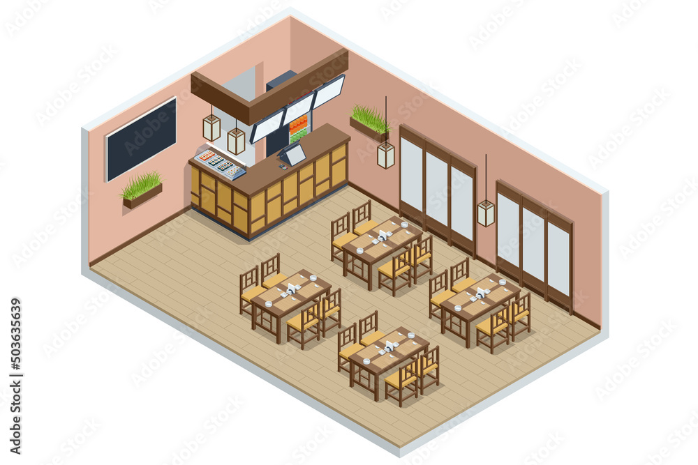 Isometric Fast Food Court Sushi, Japan fast food restaurant. Restaurant Interior, Catering, Shopping Mall Isometric Fast Food Court Sushi, Japan fast food restaurant. Restaurant Interior, Catering, Shopping Mall