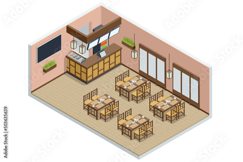 Isometric Fast Food Court Sushi, Japan fast food restaurant. Restaurant Interior, Catering, Shopping Mall