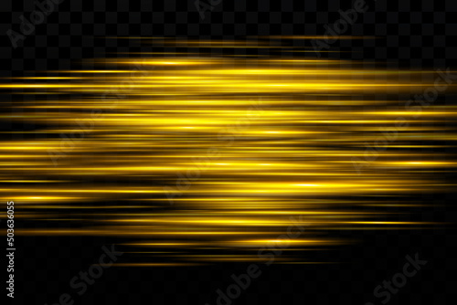 Yellow horizontal lens flares pack. Laser beams, horizontal light rays. Beautiful light flares. Glowing streaks on dark background. 