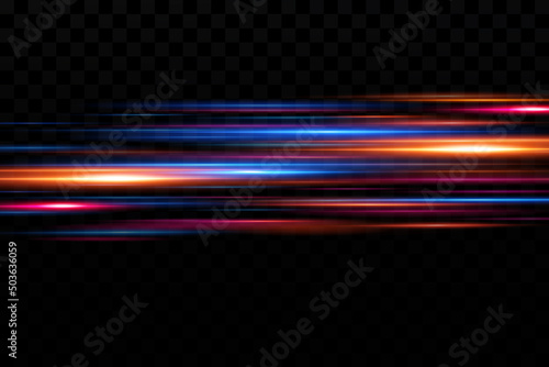 Motion light effect for banners. Blue lines. The effect of speed on a blue background. Red lines of light, speed and movement. Vector lens flare.