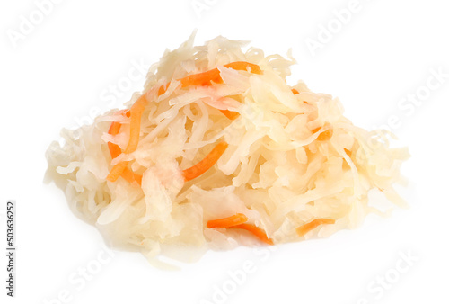 Tasty sauerkraut with carrot on white background