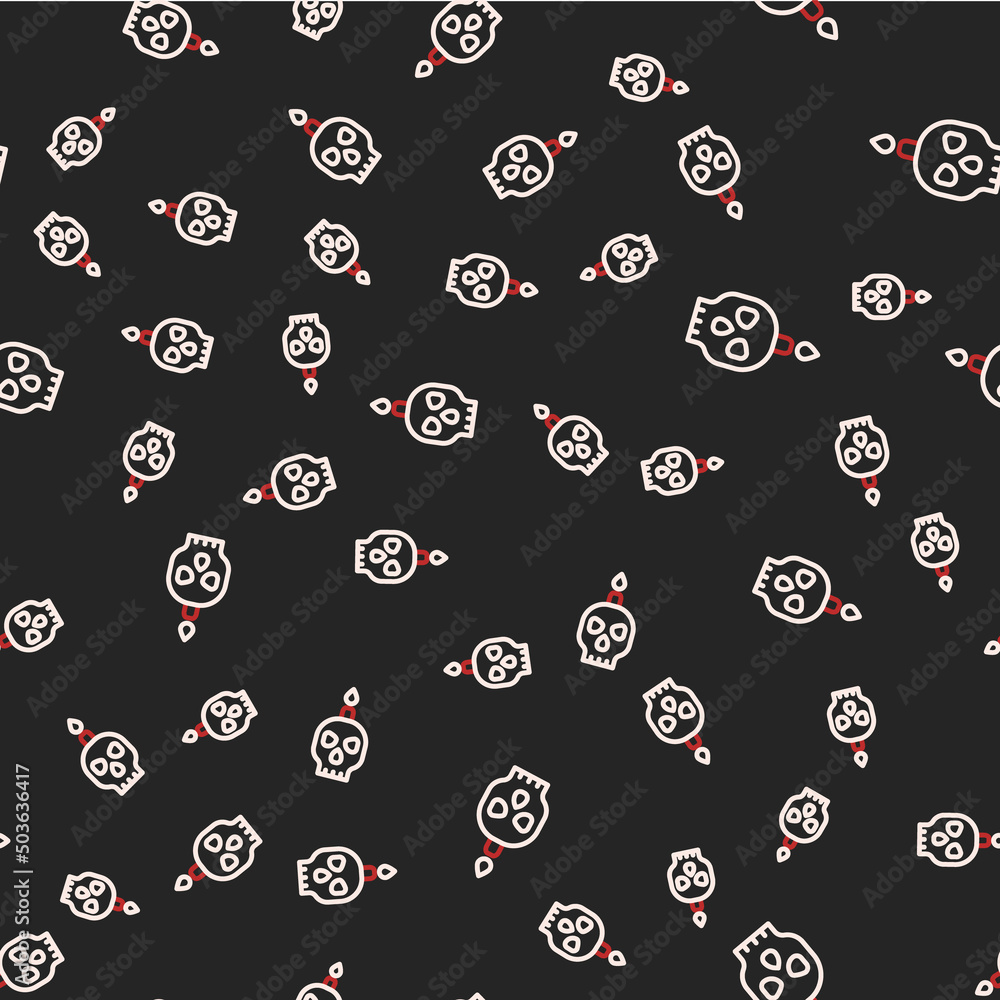Line Burning candle on a skull icon isolated seamless pattern on black background. Day of dead. Vector Line Burning candle on a skull icon isolated seamless pattern on black background. Day of dead. Vector