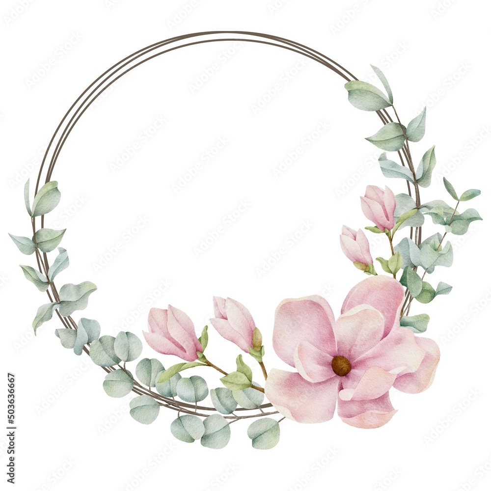 Watercolor Wreath Magnolia And Eucalyptus Leaf On White Background Illustration Stock イラスト Adobe Stock