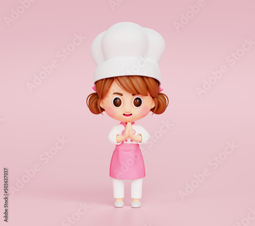 Cute chef girl in uniform hello gesture friendly greeting Paying welcome to restaurant mascot character logo on pink background 3d illustration cartoon