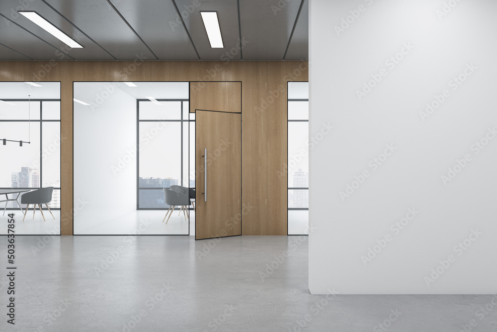 Fototapeta premium Modern wooden and concrete office hallway interior with empty mock up place on wall, windows, city view, furniture, glass partition and daylight. 3D Rendering.