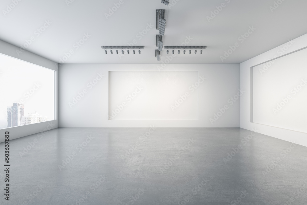 SImple empty concrete gallery interior with window and city view, mock up place on walls and daylight. Museum concept. 3D Rendering. - obrazy, fototapety, plakaty 